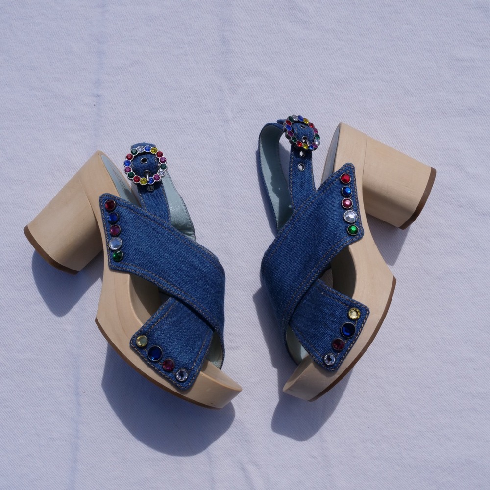 Modern does 70s Marc Jacobs Linda bejeweled criss cross denim platform clog - Picture 11 of 11